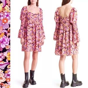 BCBG Generation Babydoll Retro Dress Floral Crepe Elasticized Long Bell Sleeve